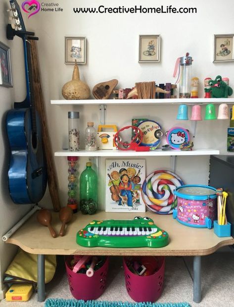 Music Corner in the playroom at the Creative Home Life Blog #CreativeHomeLife Kids Musical Instrument Storage, Kids Music Corner, Shaker Instrument, Kids Music Room, Kids Outdoor Spaces, Toddler Music, Kids Instruments, Children Music, Music Bedroom