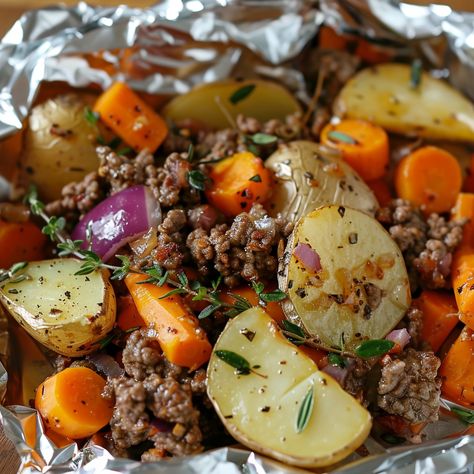 Easy Foil Packet Ground Beef and Vegetables | Perfect Weeknight Meal - My Home Made Recipe Ground Beef Foil Packets, Ground Beef Foil Packets For The Oven, Foil Wrapped Meals, Beef Foil Packets, Hamburger Foil Packets For The Oven, Hobo Dinner Foil Packets, Ground Beef And Vegetables, Foil Recipes, Tin Foil Meals