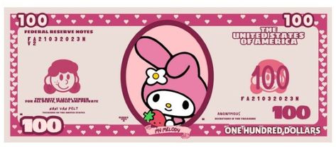 My Melody Money, Sanrio Money, Hello Kitty Money, Secret Starbucks Recipes, Money Stickers, Dollar Note, Hello Kitty Printables, 100 Dollar Bill, Cute Easy Doodles