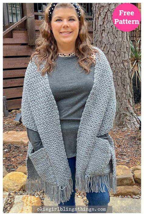 Simple Pocket Shawl Free Crochet Pattern Crochet Ear Warmer Free Pattern, Crochet Blanket Scarf, Crocheted Gifts, Crochet Scarf For Beginners, Pocket Shawl, Crochet Pocket, Crochet Jacket Pattern, Crochet Wrap Pattern, Crochet Lace Shawl