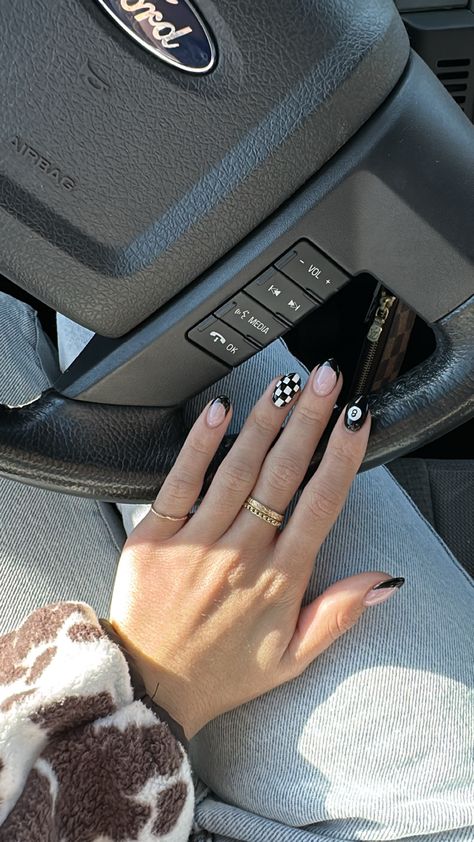 Nails With Checkers, Checkered French Tip, Checkered Chrome Nails, Cute Square Fall Nails, Checkered Nails Fall, Nail Ideas For Nashville, Bold Nail Ideas, Nail Tech Pictures, Western Checkered Nails