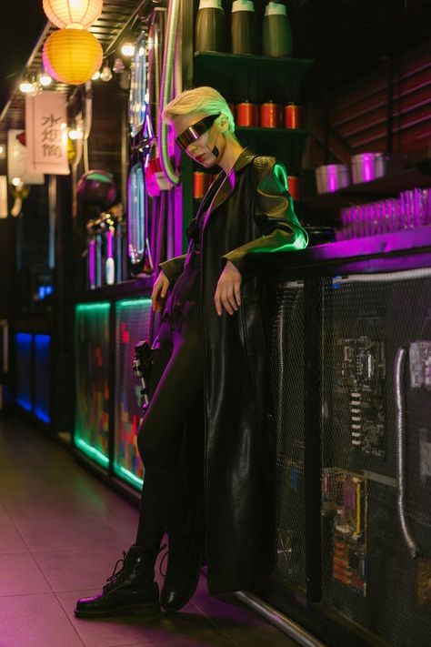 Woman in Black Clothing Leaning on a Bar · Free Stock Photo Cyberpunk Bar, Woman In Black, Black Clothing, Black Leather Jacket, A Bar, Free Stock Photos, Cyberpunk, Custom Sizing, A Woman