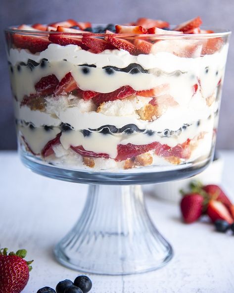 Trifle With Angel Food Cake, Red White And Blue Trifle, Angel Food Cake Trifle, Cake Trifle, No Bake Cheesecake Filling, Angel Food Cake Desserts, Berry Shortcake, Cheesecake Trifle, Berry Trifle