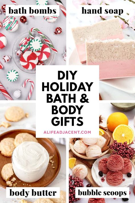 Discover 10 DIY Christmas bath and body gifts for the holiday season! These homemade gift ideas are all natural, easy to make and perfect for the beauty lover. Learn how to make holiday skincare DIYs that include all the bath and body works: melt and pour soap, Christmas bath bombs, bubble scoops, body scrub, body butter, and much more. Diy Christmas Soap, Winter Body Butter, Fall Scrunchies, Diy Beauty Gifts, Santa Workshop, Diy Hand Soap, Bath Diy, Spa Stuff, Holiday Skincare