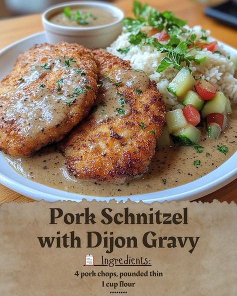 **Pork Schnitzel with Dijon Gravy** 🐖🍽️🥄 Picture the sizzle of golden pork schnitzel, crisp and perfect, kissed by the warmth of a pan. As you take the first bite, you’re met with the crunch of breadcrumbs and the tender heart of juicy pork, a bite that feels like home. But there’s more—*enter the Dijon gravy*. Tangy, buttery, and smooth, it dances on your tongue, bringing the richness of the schnitzel to life. This is more than a meal; it’s a moment of indulgence, a taste that wraps you in... Pork Snitzel With Dijon Gravy, Pork Schnitzel With Dijon Gravy, German Gravy, Pork Snitzel, Dijon Gravy, Jaeger Schnitzel, Pork Schnitzel Recipe, Schnitzel Recipes, Cream Gravy