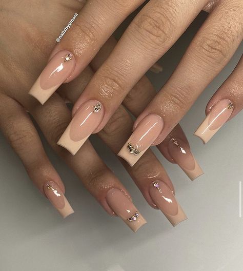 Prettiest Nail Designs, Cream Acrylics, Nude Simple Nails, Beige French Tip, Nude Square Acrylic Nails, Beige French Tip Nails, Nude Baddie Nails Short, Medium French Tip Acrylic Nails, Chill Nails