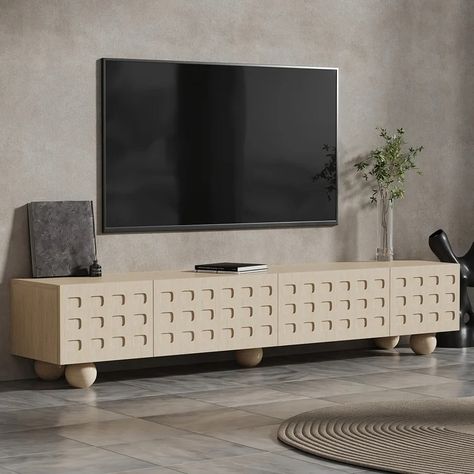 78.7" Whitewash Wood TV Stand with Storage Wabi-Sabi 4 Cabinets Round Legs TV up to 80" Wabi Sabi Tv Stand, Wabi Sabi Living Room Tv, Wabi Sabi Tv Console, Long Console Cabinet, Low Tv Stand Decor Living Room, Tv On Stand, 80 Inch Tv Stand, Tv Cabinet Ideas, Gold Tv Stand