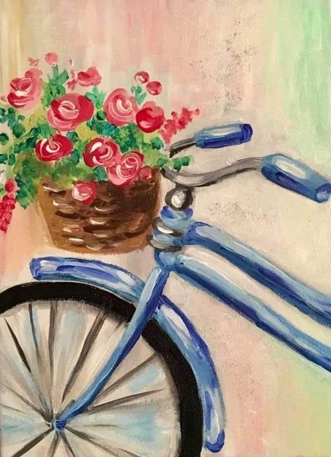 Pinots Palette Paintings, Cycle Painting, Bike Drawing, Bicycle Painting, Acrylic Painting Flowers, Easy Canvas Art, Canvas Drawings, Acrylic Painting Tips, Oil Pastel Art