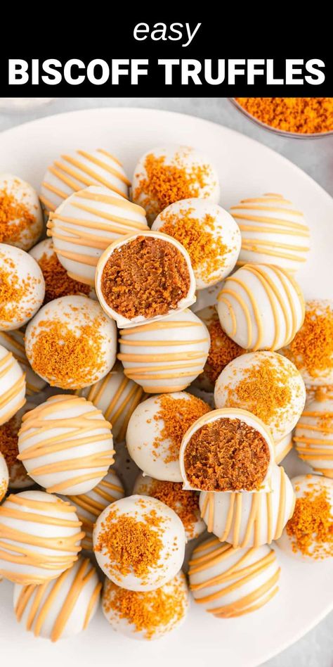 white with brown center truffles Chocolate Truffle Dessert, Dessert Balls Recipes, Thanksgiving Desserts Biscoff, Dessert Truffles Bowl, Truffle Ideas Desserts, Christmas Cookie Truffles, Little Debbie Truffles, Biscoff Truffle Balls, Cake Ball Flavors