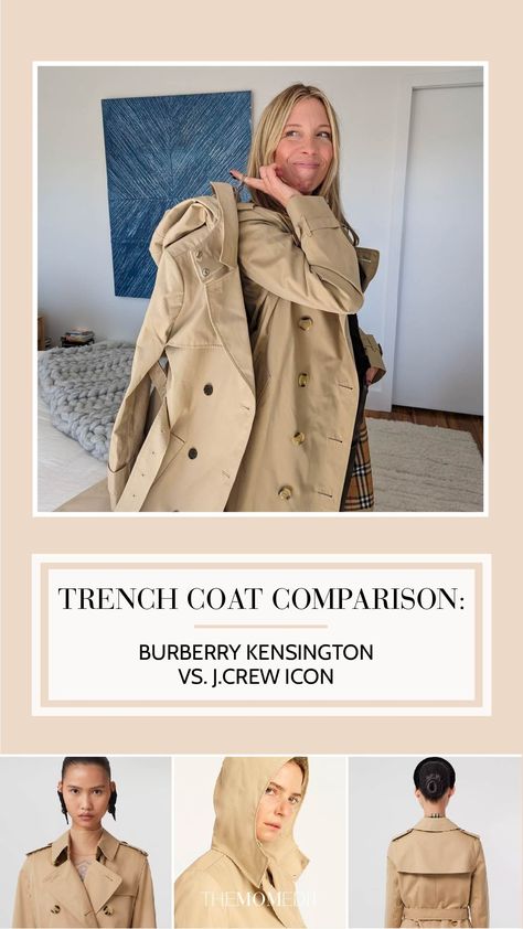 J.CREW ICON TRENCH VS. BURBERRY KENSINGTON TRENCH | The Burberry Kensington trench coat cost about 10 times the J.Crew Icon trench. I get into the differences & details including drape, hardware, + a hood! | #TheMomEditStyle #TrenchCoat #Burberry #BurberryTrenchCoat #JCrew #JCrewTrenchCoat #LongTrenchCoatWomen #TrenchCoatWomen #DoubleBreastedTrenchCoat #WaterproofTrenchCoat #HoodedTrenchCoat #BurberryKensingtonTrench #JCrewIconTrench #TrenchCoatComparison Jcrew Trench Coat, J Crew Trench Coat, Burberry Kensington Trench Coat Outfit, Waterproof Trench Coat Woman, Burberry Kensington Trench Coat, Burberry Trench Coat Outfit, Trench Coat With Hood, Trenchcoat Style, Waterproof Trench Coat