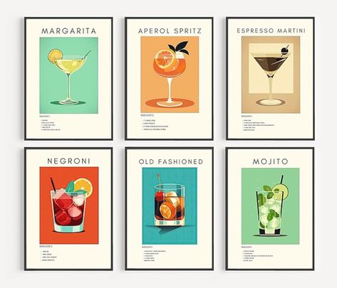 This modern minimalist alcohol drink wall art can provide you with a cozy atmosphere. You can decor this collection of classic cocktail and their formula artwork on blank walls in apartment, bar, living room, kitchen, hotel, dining room. Poster Danish Pastel, Cocktail Wall Art, Cocktail Wall, Retro Cocktail, Cocktail Poster, Cart Decor, Bar Poster, Cocktails Bar, Cocktail Art