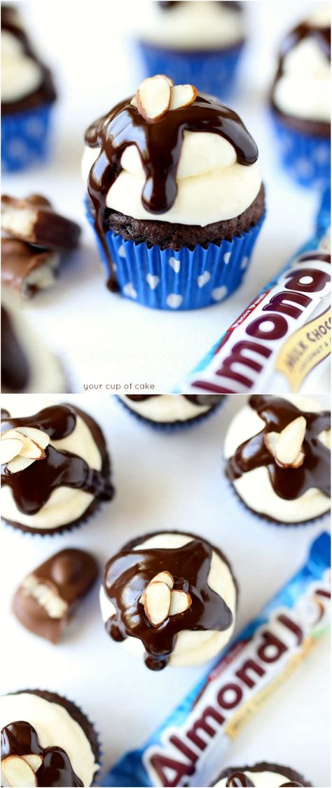 Almond Joy Cupcakes - Your Cup of Cake Almond Joy Cupcakes, Almond Joys, Cup Of Cake, Coconut Cream Cheese, Coconut Cream Cheese Frosting, Coconut Extract, Cake Friends, Fun Cupcake Recipes, Missing Home