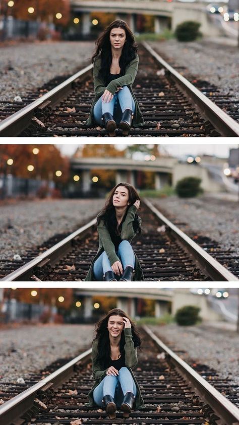 Railroad Track Poses Photo Ideas, Fall Train Track Pictures, Photoshoot On Train Tracks, Fall Train Track Photoshoot, Photoshoot On Railway Track, Railway Pictures Ideas, Senior Photos Train Tracks, Railway Tracks Photography Poses, Fall Senior Pictures Downtown