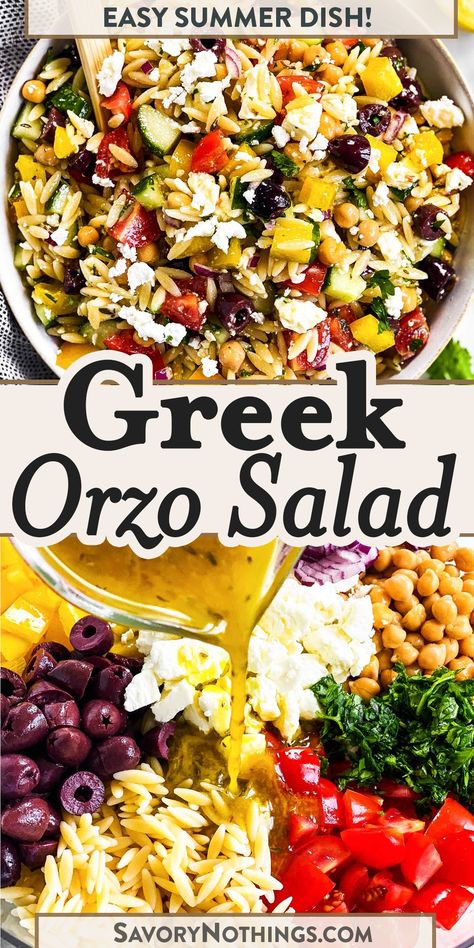 With a zingy Greek dressing and filled with fresh summer vegetables, this Greek Orzo Salad is going to be the biggest hit at all your summer barbecues! | #summerfood #salad #barbecue #grilling #summerrecipes #bbq Greek Salad With Meat, Orzo Salad Dressing Recipe, Marinated Greek Salad, Barbeque Salad Ideas, Summer Vegetable Salad Recipes, Greek Bbq Recipes, Greek Inspired Salad, Mediterranean Bbq Ideas, Summer Italian Recipes Dinners