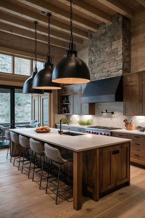 15 Modern Mountain Kitchen Ideas to Elevate Your Rustic Retreat Mountain House Interior Design Rustic, Loghouse Kitchen, Mountain Cabin Interior Design, Mountain Modern Interior Design, Mountain Home Interiors Cozy Cabin, Cabin Home Kitchen, Rustic Mountain Homes Interior, Modern Log Cabin Kitchen, Mountain Kitchen Ideas