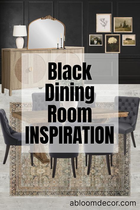 Elegant Black Dining Table, Black Wall Dining Room Decor, Dark Contemporary Dining Room, Black Dining Rooms Ideas, Black And White Modern Dining Room, Black Dining Room Walls Decorating Ideas, Black Fireplace Dining Room, Dining Room Design Black Table, Black Dining Room Accent Wall