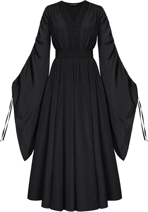 Black Dress Flowy, Witchy Dresses, Black Witch Dress, Witches Costumes For Women, Long Sleeve Flowy Dress, Witchy Dress, Black Bell Sleeve Dress, Diwali Dresses, Sleeve Long Dress