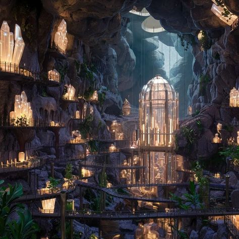 Underground City #architecture #building #construction #underground #art Underground Elven City, Underground Fantasy City, Underground City Fantasy Art, Cavern City, Underground Civilization, Underground Mansion, Minecraft Elven, Underground Farm, Underground Village