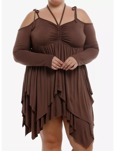 Thorn & Fable Brown Hanky Hem Cold Shoulder Dress Plus Size Plus Size Hot, Outfit Plus Size, Hanky Hem, Hem Skirt, Hoodie Girl, Brown Dress, Fantasy Fashion, Plus Dresses, Dress Plus Size