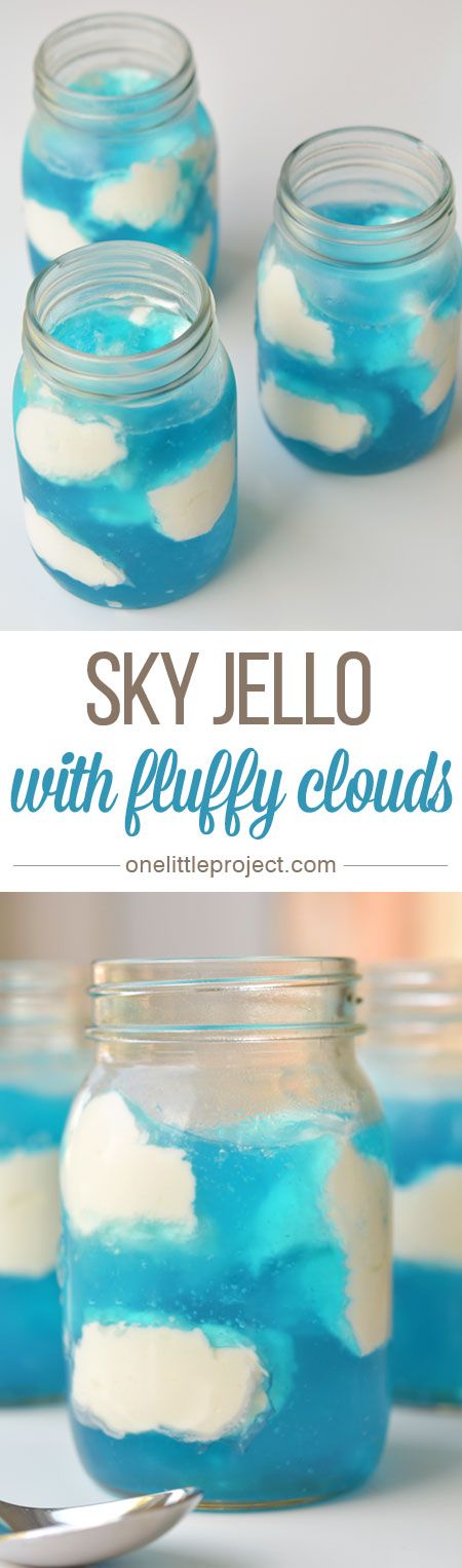 This sky jello is quick to put together and makes a SUPER FUN dessert! It's great for parties, but easy enough that you could make it on a weeknight! Sky Jello With Fluffy Clouds, Elemental Movie Snacks, Weather Party Decorations, Elemental Movie Night Ideas, Elemental Food Ideas, Weather Themed Food, Elemental Movie Night Food, Elemental Themed Food, Jello Activities For Preschool