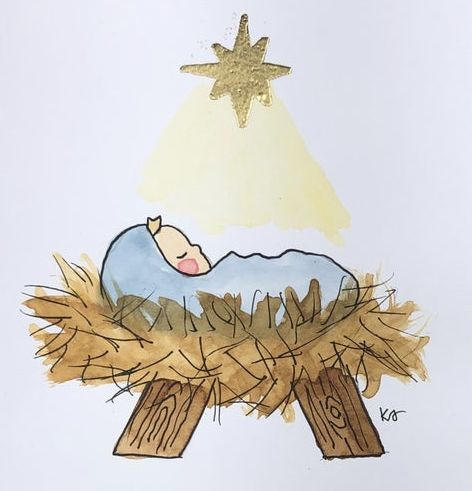 Easy Christmas Watercolor Paintings, Baby Jesus Art For Kids, Manger Drawing, Baby Jesus Drawing, Simple Watercolor Nativity Scene, Easy Manger Scene Painting, Simple Nativity Watercolor, Watercolour Nativity, Manger Scene Watercolor