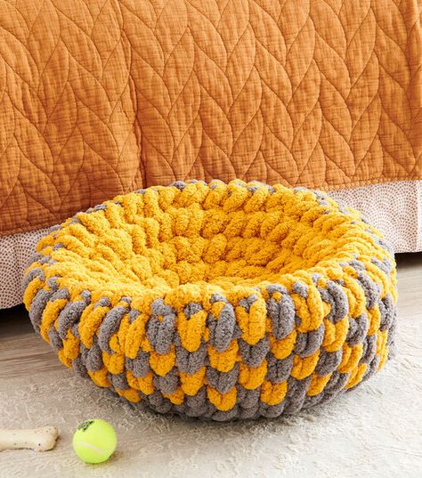 How To Make Crochet Pet Bed Online | JOANN Crochet Pet Bed, Pet Bed Pattern, Nap Bed, Crochet Cat Bed, Crochet Pet, Jumbo Yarn, Bernat Blanket, Easy Crochet Patterns Free, All Free Crochet