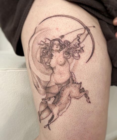 artemis on her wild hunt 𓇢𓆸 • • • • • • • #tattbrat #singleneedletattoo #newcastle #tattoo #whimsical #artemistattoo #deertattoo Tattoo Whimsical, Whimsical Tattoo, Artemis Tattoo, Left Arm Tattoos, Dna Tattoo, Whimsical Tattoos, Single Needle Tattoo, Mushroom Tattoos, Deer Tattoo