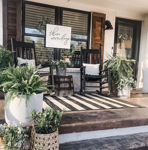 Fromt Porch Decor, Black Rocking Chairs On Front Porch, Farmhouse Rocking Chairs, Farmhouse Porch Ideas, Front Porch Rocking Chairs, Rocking Chair Front Porch, Rocking Chair Porch, Black Farmhouse, Porch Rocker