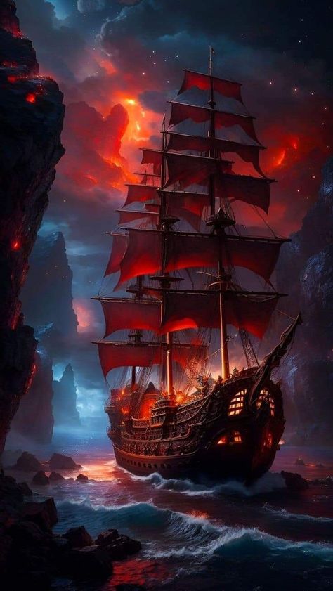 Pirate Ship Art, Pirate Art, Ocean Canvas, Fantasy Art Landscapes, A Ship, Fantasy Aesthetic, Tall Ships, Pirate Ship, Fantasy Illustration