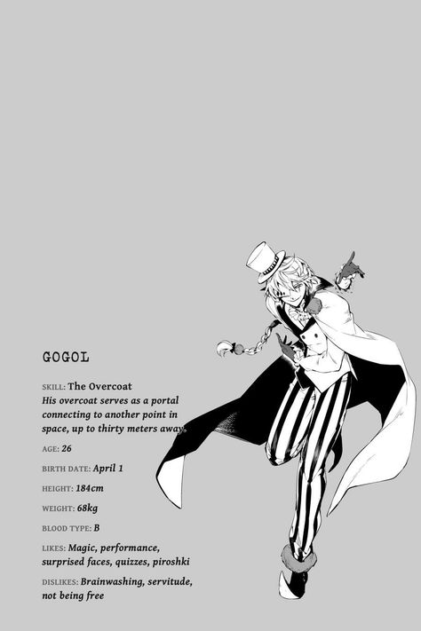 Nikolai Gogol, Dog Area, Bungou Stray Dogs Characters, Character Profile, Silly Dogs, Happy B Day, Bongou Stray Dogs, Stray Dogs Anime, Dog Drawing