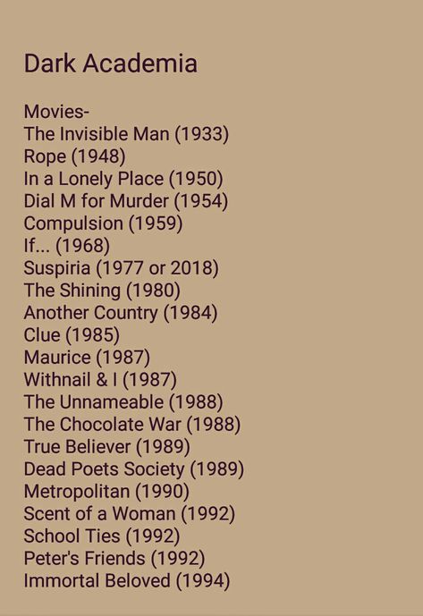 Vintage Movie Recommendations, Chaotic Academia Movies, Dark Academia Tv Shows, Drawing Themes Ideas, Light Academia Movies, Vintage Cinema Aesthetic, Dark Academia Movies List, Dark Academia Things To Do, Cinephile Aesthetic