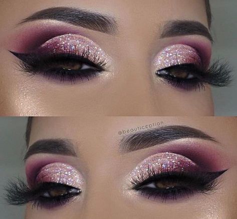 Chanel Makeup Looks, Burlesque Makeup, Competition Makeup, New Year Look, Glittery Eye Makeup, Glitter Smokey Eye, Evening Eye Makeup, Bright Eye Makeup, Purple Eye Makeup