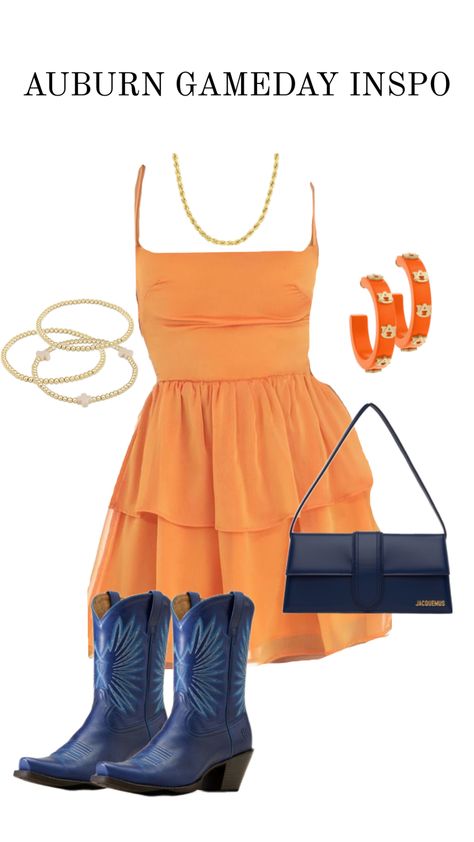 auburn football, auburn gameday, outfit inspo, womens dresses, orange and blue, jewelry, cowboy boots, college outfits, gameday inspo Auburn Gameday Outfit, Auburn Gameday, College Football Game Outfit, Cowboy Boot Outfits, Dresses Orange, Auburn Football, College Football Games, Game Outfit, College Game Days