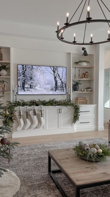 Living Room Built Ins Christmas Decor, Christmas Built In Decor, Built In Christmas Decor, Stocking Ideas With No Fireplace, Christmas Fireplace Mantle Decorations, Fireplace Styles, Xmas Fireplace, Christmas Feels, Eucalyptus Stems