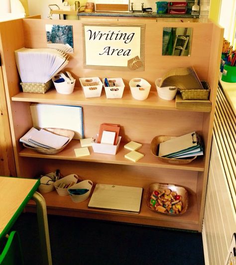 Writing area                                                                                                                                                     More Writing Area Classroom, Classroom Areas Ideas, Classroom Areas, Writing Table Ideas, Writing Area Reception, Early Years Writing Area, Preschool Writing Center Set Up, Classroom Writing Area, Reggio Writing Area