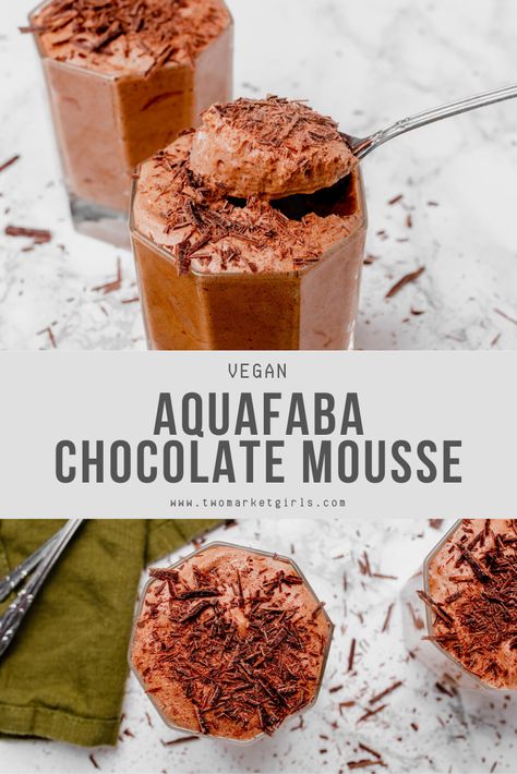 Just four ingredients and you have a delicious, decadent 4-Ingredient Chocolate Mousse dessert! Aquafaba Chocolate Mousse, Vegan Copycat, Chickpea Water, Chocolate Mousse Desserts, Vegan Chocolate Recipes, Night Recipes, Tasty Desserts, Vegan Donuts, Mousse Dessert