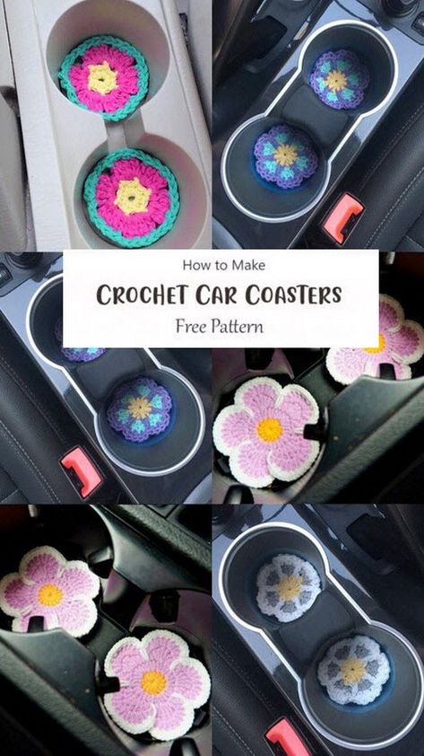 Crochet Car Coasters: A Step-by-Step Guide Car Cup Coasters Crochet Pattern, Car Charm Crochet Pattern, Crochet Car Cup Coaster, Car Cupholder Coasters Crochet, Crocheted Car Coasters, Crochet Pattern Car Accessories, Crochet Flower Car Coaster, Crochet Stuff That Sells, Crochet Car Coasters Pattern