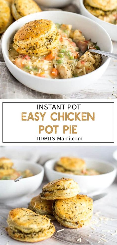 Instant Pot Easy Chicken Pot Pie is a healthier version of the classic and comes together in a snap with the help of an electric pressure cooker.  Creamy, stew-like chicken and veggies and a unique pesto filled puff pastry! #instantpot #chickenpotpie #instantpotdinner #easydinner || tidbits-marci.com Pesto Puff Pastry, Filled Puff Pastry, Instant Pot Chicken Pot Pie, Instant Pot Easy, Best Chicken Pot Pie, Chicken Pot Pie Filling, Chicken And Veggies, Easy Chicken Pot Pie, Healthy Instant Pot Recipes