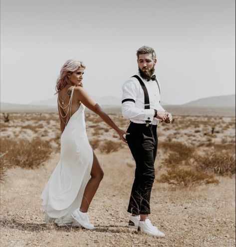 Wedding Dress With Jordans Shoes, Wedding Dress With Air Force Ones, Las Vegas Wedding Outfit Groom, Vegas Wedding Groom Outfit, Bridal Air Force Ones, Bride And Groom Nikes, Bride Reception Outfit With Sneakers, Groom Sneakers Wedding, Bridal Nikes