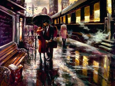 The Long Goodbye - Brent Heighton Brent Heighton, Long Goodbye, The Long Goodbye, Umbrella Art, Chicago History, Paris Wall Art, Reading Art, Walking In The Rain, Paris Art