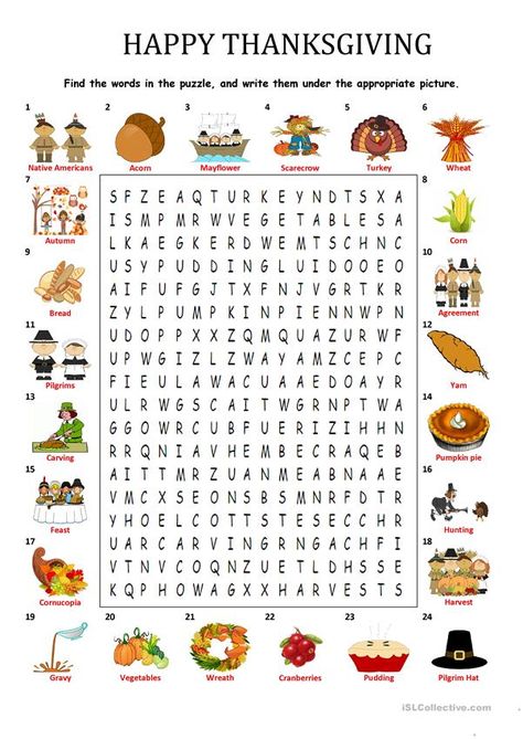 HAPPY THANKSGIVING - WORDSEARCH PUZZLE - English ESL Worksheets for distance learning and physical classrooms Thanksgiving Crossword Puzzle, Thanksgiving Crossword, Thanksgiving Puzzle, Thanksgiving Word Search, Thanksgiving Worksheets, Thanksgiving Messages, Thanksgiving Words, Making Words, Thanksgiving Traditions