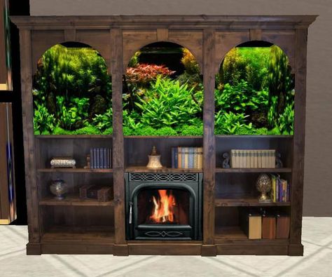 Bookshelf With Aquarium, Fireplace Aquarium, Aquarium Shelf, Amazing Aquariums, Built In Shelves Living Room, Pet Enclosure, Vivarium, Loft Apartment, Built In Shelves