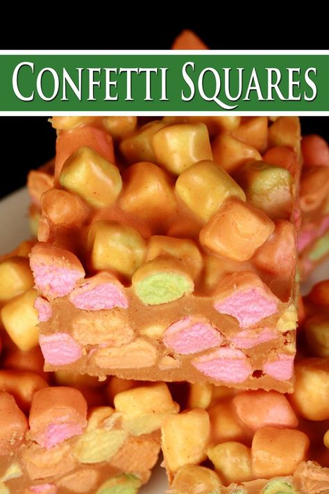 A plate of butterscotch and marshmallow confetti squares. Butterscotch Marshmallow Squares, Butterscotch Marshmallow, Peanut Butter Marshmallow Bars, Butterscotch Peanut Butter, Confetti Squares, Peanut Butter Marshmallow Squares, Marshmallow Squares, Peanut Butter Squares, Marshmallow Bars