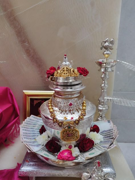 Pooja Silver Items, Flower Decorations Ideas, Laxmi Pujan, Varalaxmi Pooja Decoration, Diwali Decoration Lights, Laxmi Pooja, Kalash Decoration, Pooja Room Ideas, Silver Home Accessories