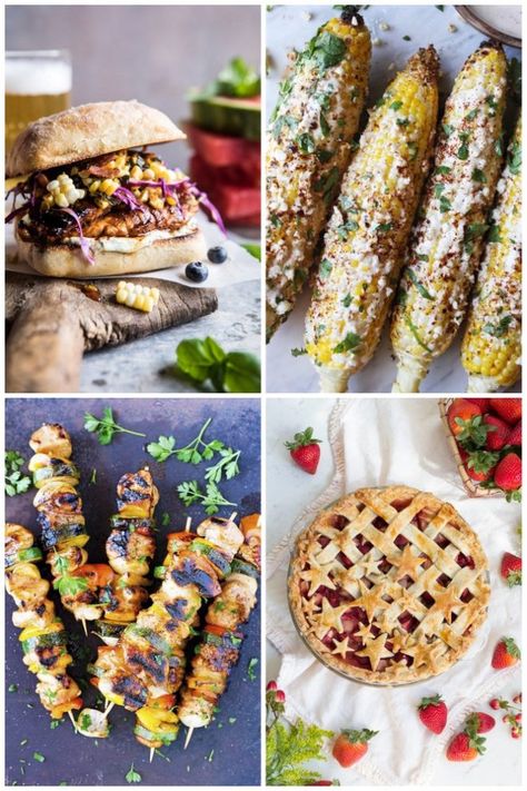 Fourth of July Menu 4th Of July Dinner Ideas, July Dinner Ideas, 4th Of July Dinner, Sandwiches Grilled, Fourth Of July Recipes, Bbq Potluck, Veggie Skewers, Corn Chicken, Lots Of Food