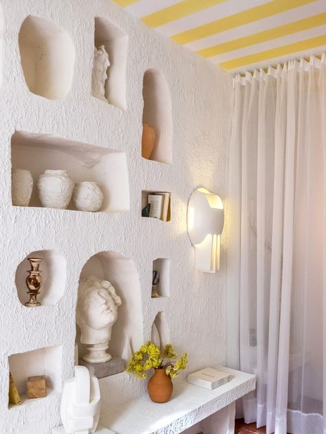 Recessed Wall Shelves, Recessed Wall Niche, Ceramic Wall Lights, Mediterranean Architecture, Wall Niche, Recessed Wall, 아파트 인테리어, Built In Bookcase, Pierre Frey