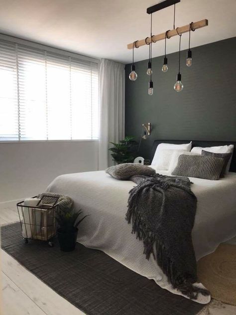 Dark Grey And Light Grey Bedroom, Bedroom With One Dark Wall, Scandinavian Interior Bedroom Minimalism, Dark Theme Bedroom Ideas, Dark Carpet Bedroom Ideas, Whole Bedroom Ideas, One Dark Wall Bedroom, Room With Grey Carpet, Charcoal Carpet Bedroom