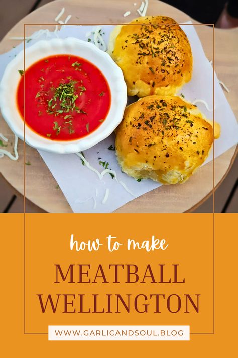 Try this easy meal that takes an affordable twist on a classic dish. This meatball wellington will be a new family favorite! Meatball Wellington, Biscuit Wrapped Meatballs, Meatballs Wrapped In Biscuits, Meatball Puff Pastry Appetizer, Meatball Wellington Puff Pastries, Beef Wellington Bites Puff Pastries, Cheesy Puff Pastry, Tomato Dipping Sauce, Cheesy Meatballs