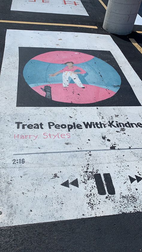 Harry Styles Senior Parking Spot, Ceiling Tiles Ideas Painting, Aesthetic Parking Spot Painting, Harry Styles Parking Spot, Ceiling Tile Painting Ideas School, Senior Painting Ideas, Senior Parking Ideas, Parking Lot Ideas, Painted Parking Spaces Ideas