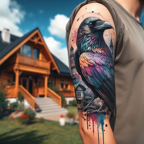 Raven Tarot Tattoo, Valkyrie And Raven Tattoo, Colorful Raven Tattoo, Crow Sleeve Tattoo, Raven Sleeve Tattoo, Raven And Wolf Tattoo, Raven Tattoo Feminine, Bae Tattoo, Raven Tattoo Design